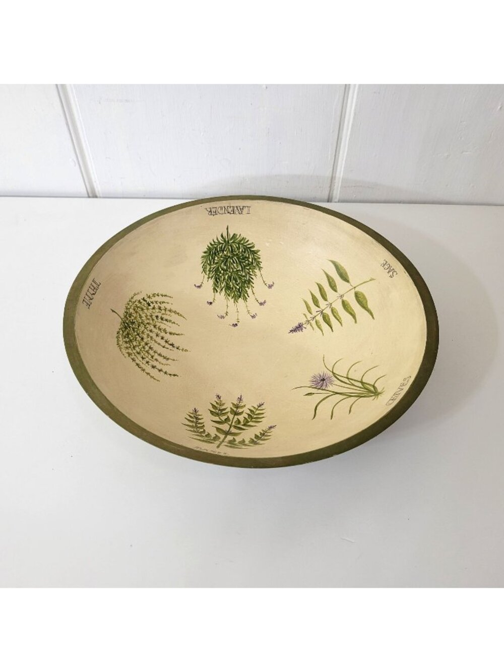 Hand Painted Folk Art Dough Bowl with Herbs